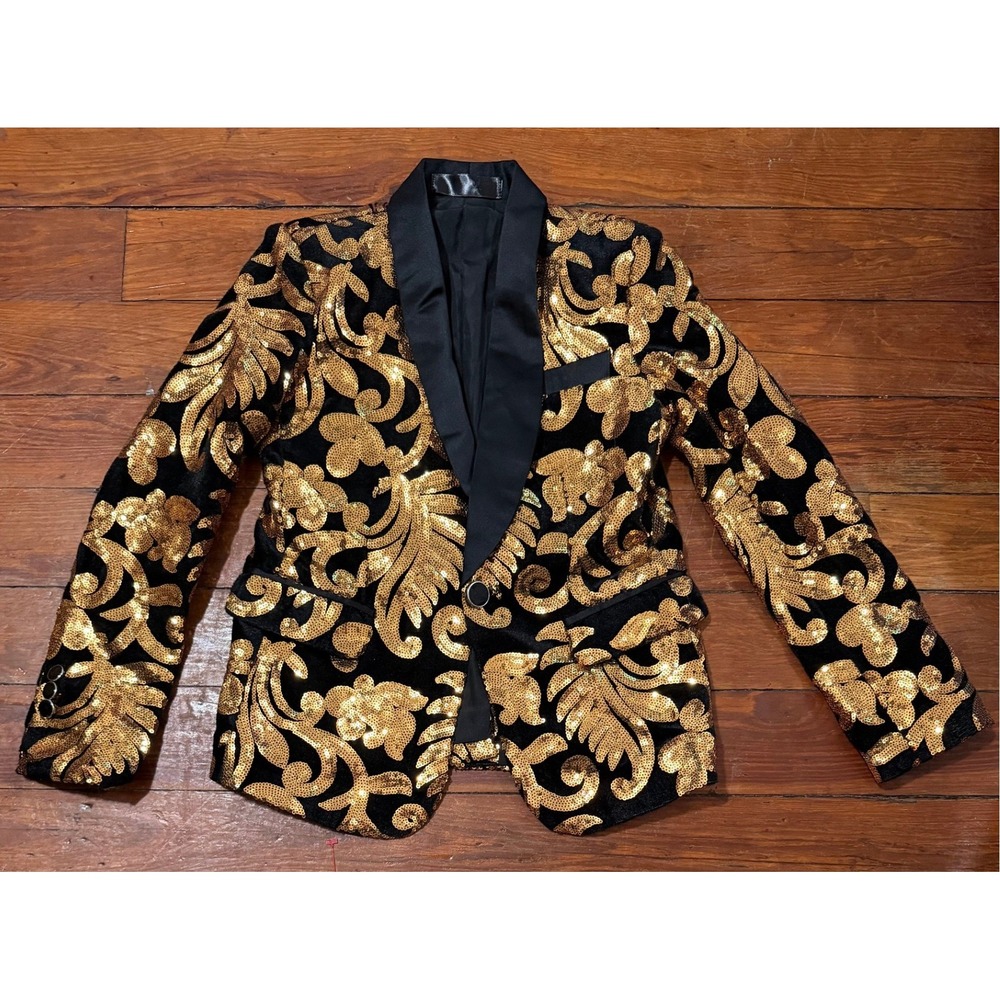 Gold Sequin Damask Blazer Black Velvet Shawl Lapel Single Button‎ Party Jacket